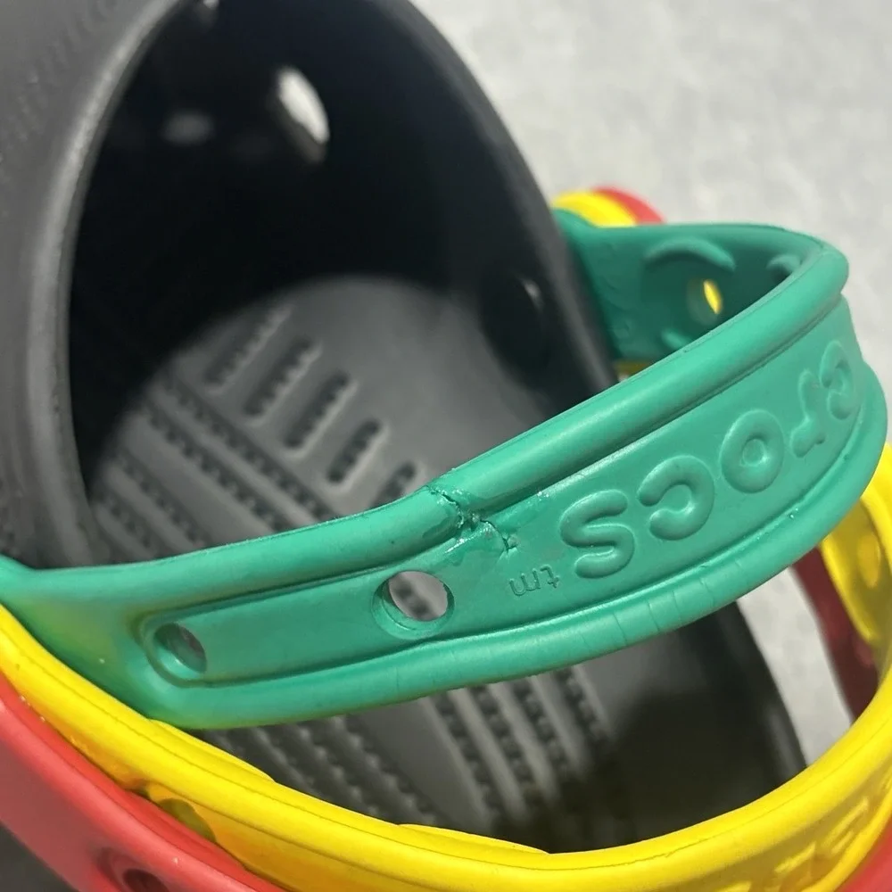 Crocs Classic Clog Black Triple Strap Red Yellow Green Jibbitz Mens 4 Womens 6